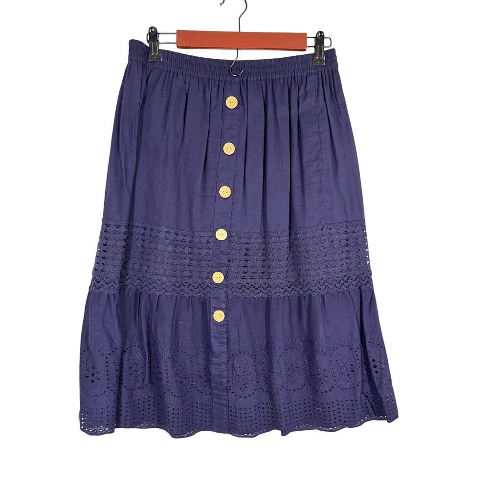 Retro Floral Eyelet Skirt Blue L Tiered Lace Boho Western Indie Folk Classic 80s